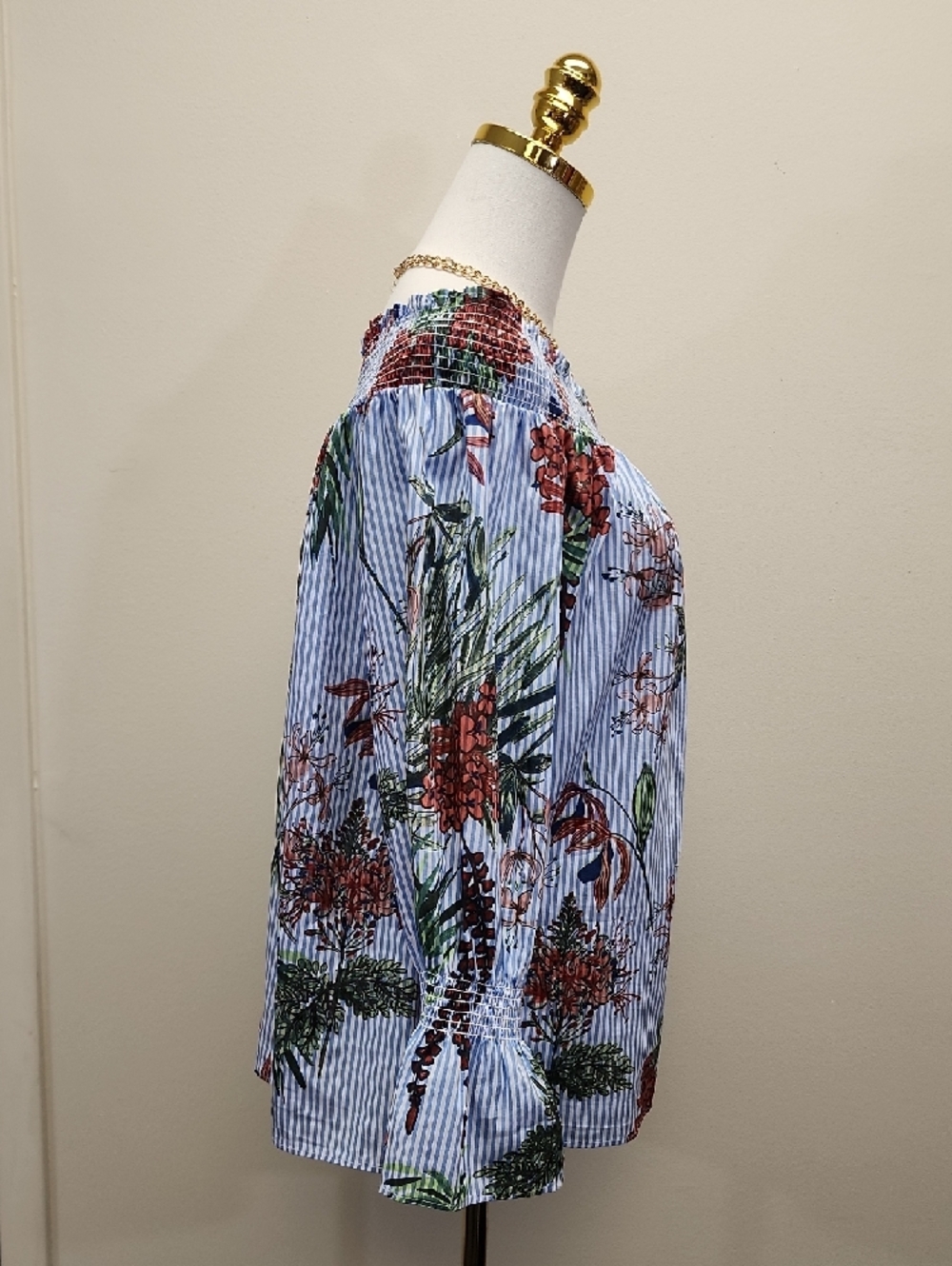 Tommy Hilfiger Off Shoulder Blouse Blue Stripe Floral Long Sleeve Size Medium - Picture 2 of 12